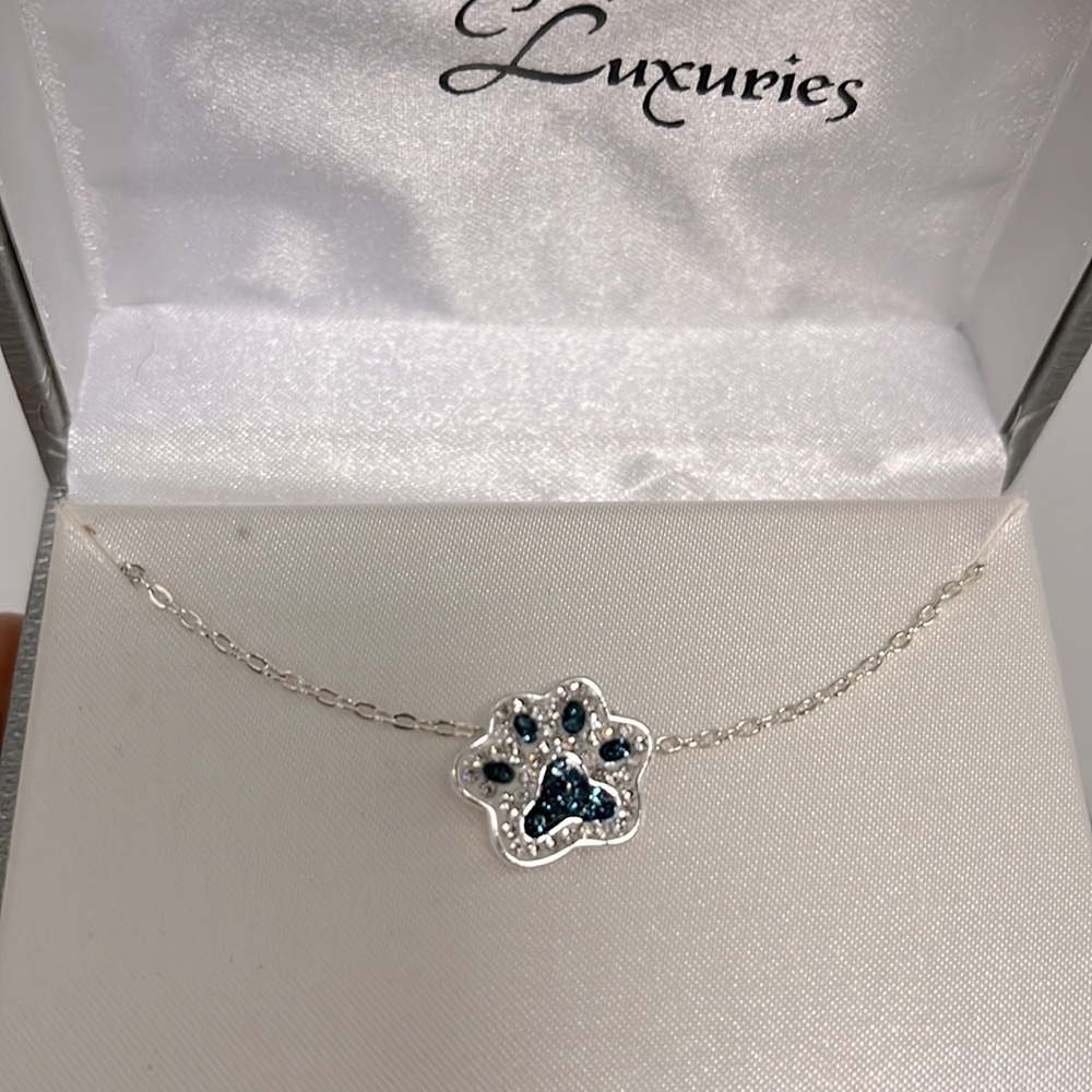 Minimalist Dog Paw Necklace. Silver Plated real Crystal. Sapphire + Silver. NWT
